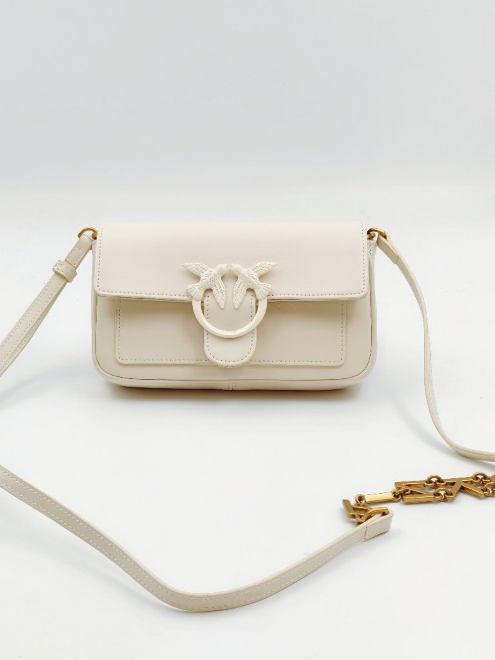 PINKO Love Bag White Ivory Leather Crossbody Shoulder Bag Birds Logo